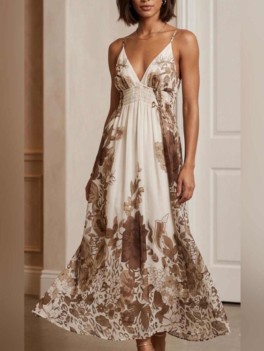 Boho Floral Maxi Dress Cream Brown Flowy Spring Garden Vacation Dress